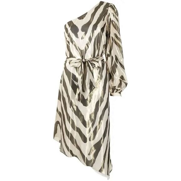 Haney  NWT Gold Zebra Print One-Shoulder Midi Dress in Gold Size M - Picture 1 of 12